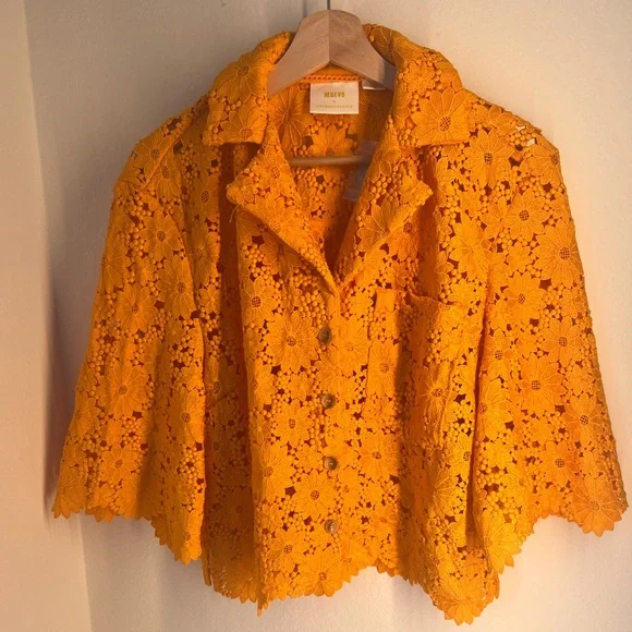 Anthropologie Bright Orange Floral Lace Button-Down Top - Picture 1 of 5